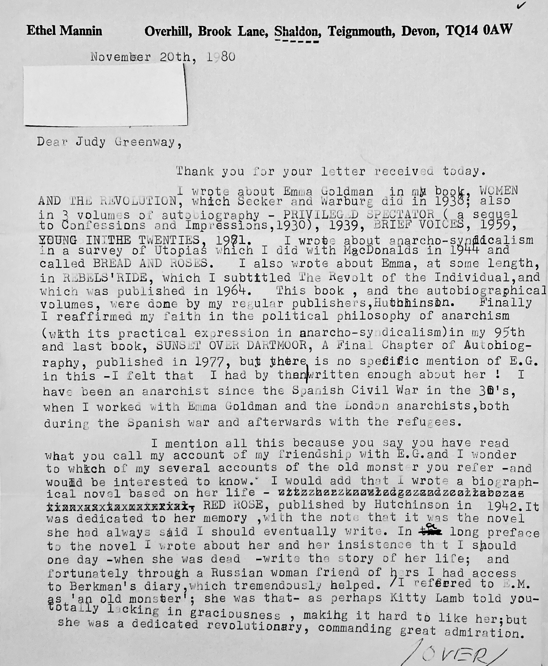 First page of typescript letter from Ethel Mannin to Judy Greenway, November 20, 1980, with comments on Emma Goldman.
