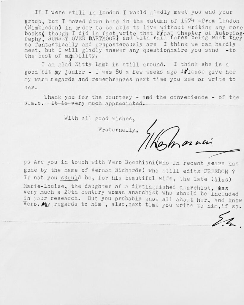 Second page of typescript letter from Ethel Mannin to Judy Greenway