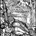 1885 image by Walter Crane shows female angel of Socialism coming to the rescue of labouring man laid low by by religious hypocrisy, capitalism, and party politics