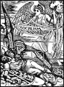 1885 image by Walter Crane shows female angel of Socialism coming to the rescue of labouring man laid low by by religious hypocrisy, capitalism, and party politics