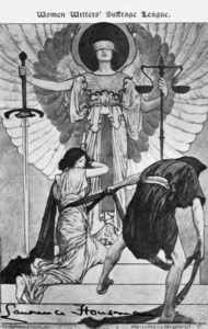 Image of blind justice with sword and scales standing protectively over a kneeling woman who is being attacked by a masculine hooded figure labelled 'prejudice'.