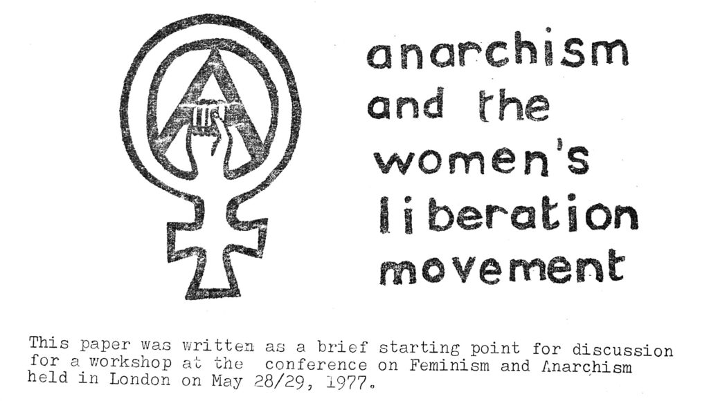 detail from title page of original article, showing womens symbol with fist holding the letter A for anarchism.