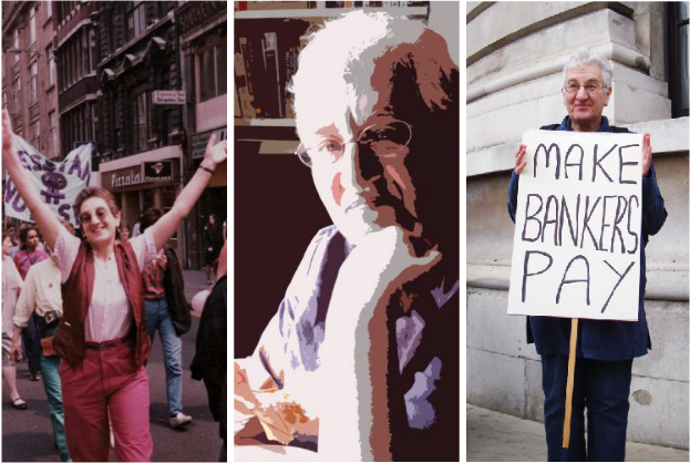 Images of Helen Lowe on 1980s Lesbian Liberation demonstration; at home; and protesting against government cuts in 2011. Photocollage by Judy Greenway