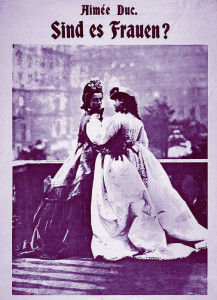 Two women in nineteenth century costume in affectionate pose. image adapted from 1970s poster advertising Aimee Duc's 1903 novel about the 'Third Sex'